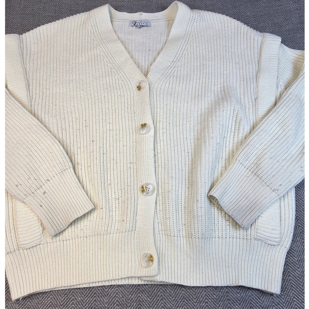 Collection by Cezele Womens Cream White Ribbed V-Neck Button Cardigan Sweater S